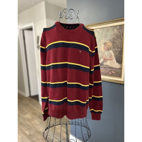 Retro Tommy Hilfiger Cotton Sweater Mens M Pullover Crew Varsity Bar Stripe - Picture 1 of 5